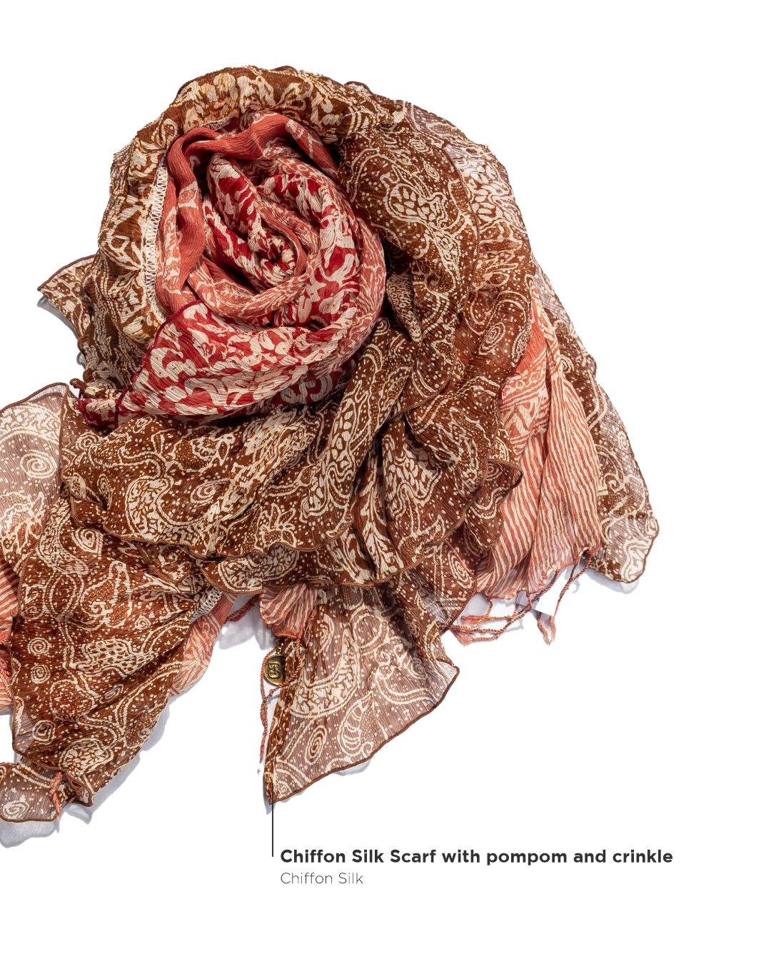 Chiffon Silk Scarf with Pompom and Crinkle